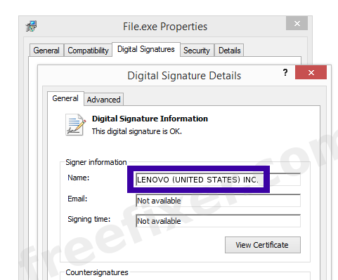 Screenshot of the LENOVO (UNITED STATES) INC. certificate